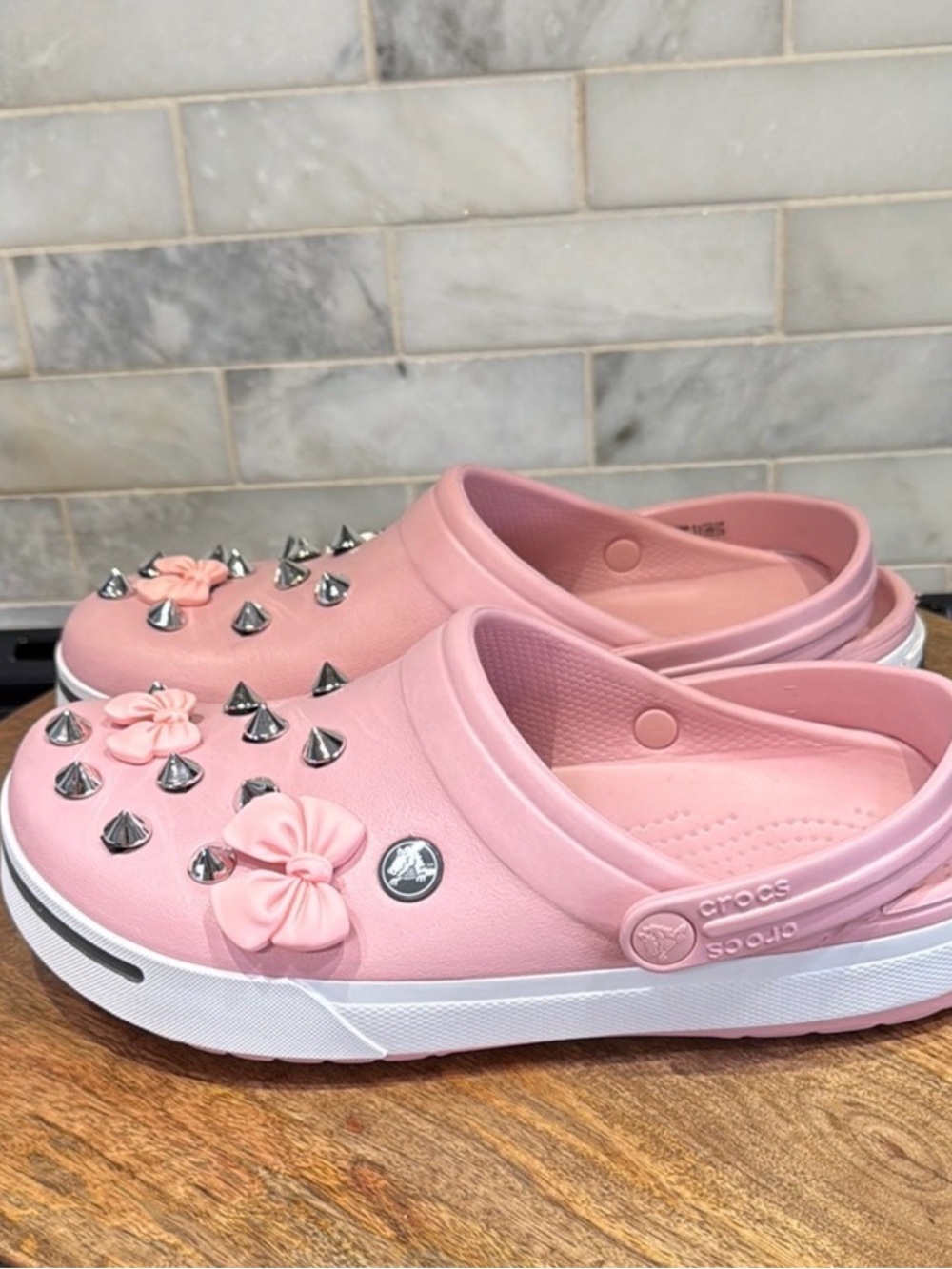 CROCS Pink Studded Clog Mules with Flower Accents